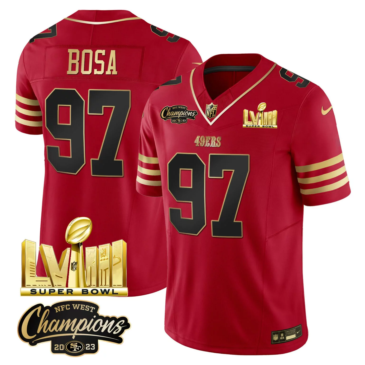 Nick Bosa 97 49ERS Jersey Red Super Bowl Lviii NFC West Champions 2022-23 Men Gold