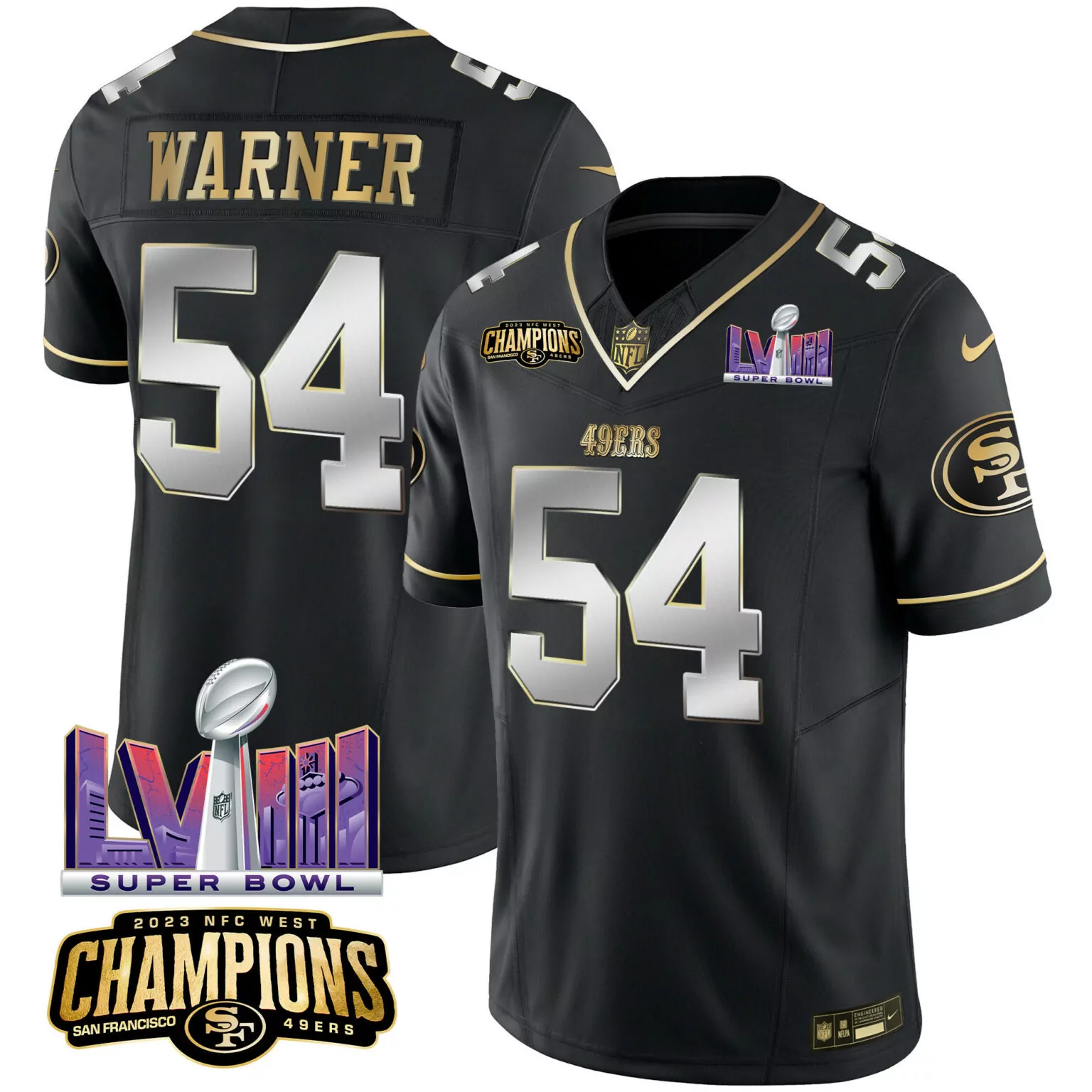 Fred Warner 54 49ERS Jersey Black Super Bowl Lviii 2023 NFC West Champions Men Standard