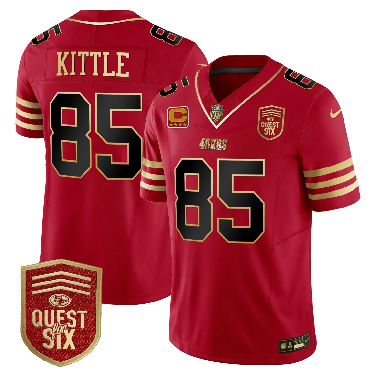 George Kittle 85 49ERS Jersey Red Quest For Six Men Standard Gold Black All Stitched
