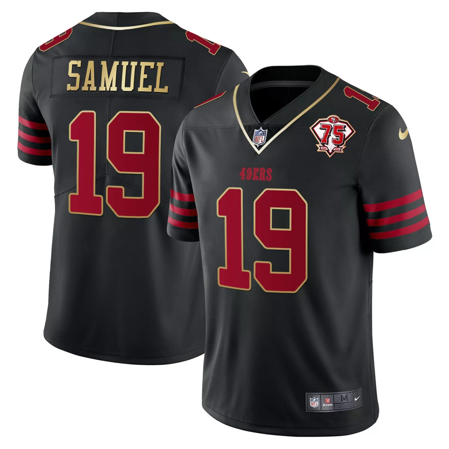 Deebo Samuel 19 49ERS Jersey Black 75th Anniversary Men Replica Red Gold Vapor Collection