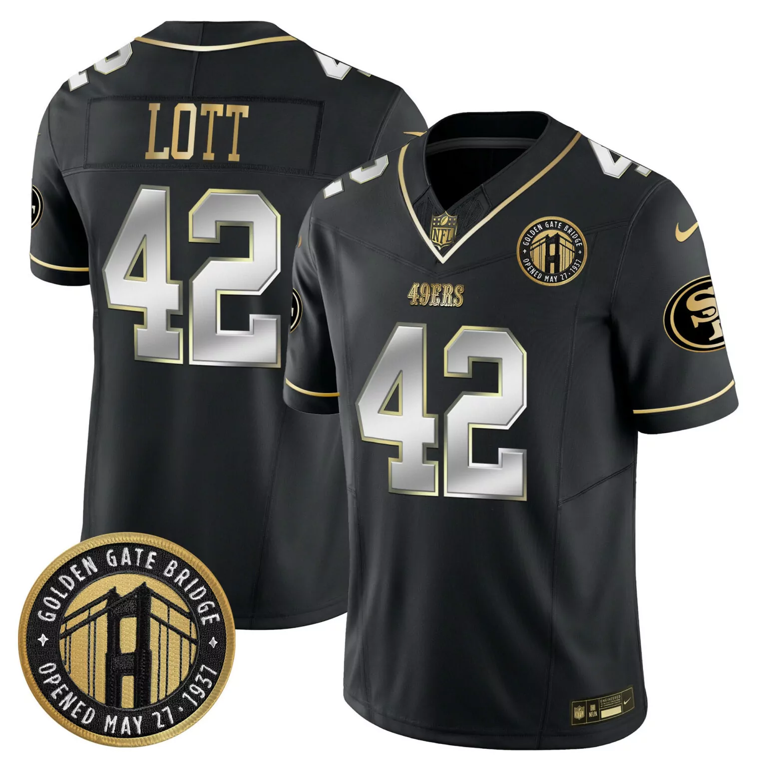 Ronnie Lott 42 49ERS Jersey Black Golden Gate Bridge 2023 Men Gold Silver All Stitched