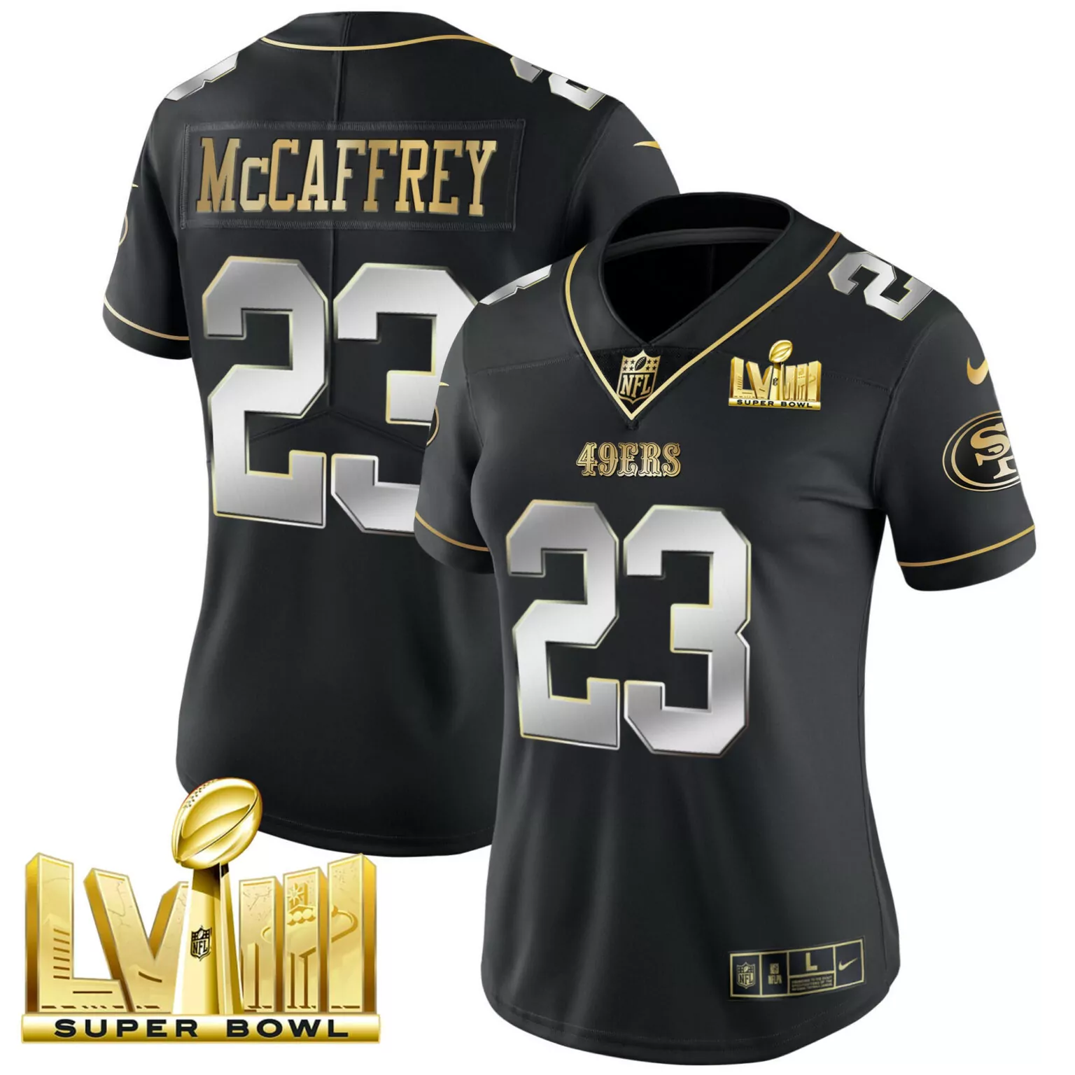 Christian Mccaffrey 23 49ERS Jersey Black Super Bowl Lviii Women Replica Gold Silver