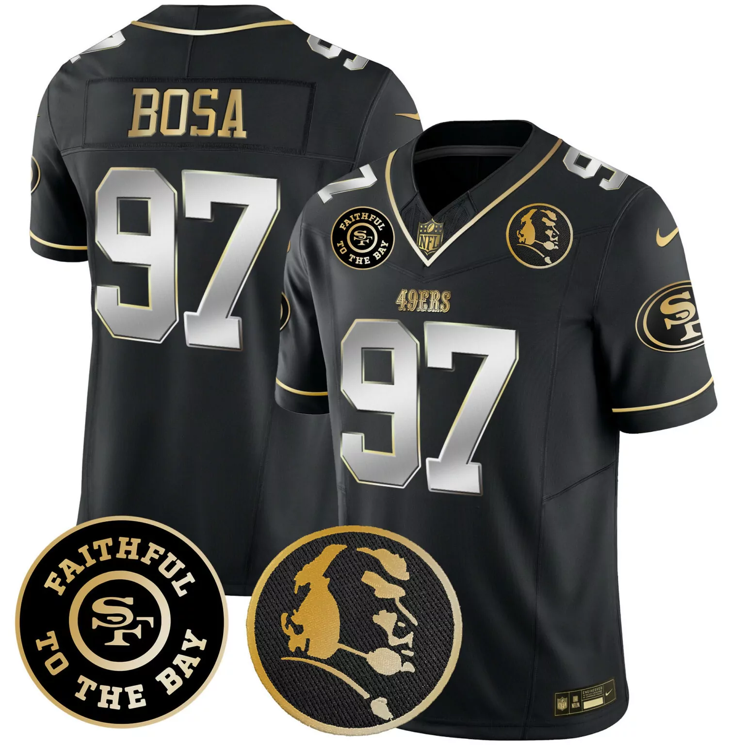Nick Bosa 97 49ERS Jersey Black Faithful To The Bay Joe Montana Silhouette Men Gold