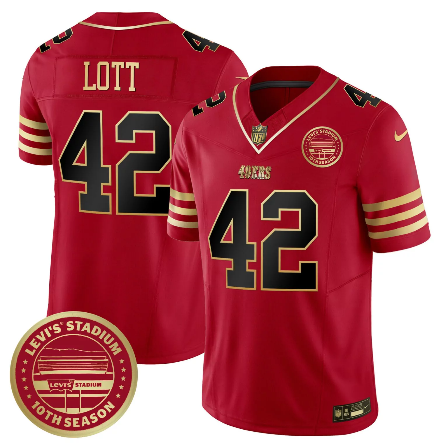 Ronnie Lott 42 49ERS Jersey Red Levi's Stadium 10th Season Men Black Gold All Stitched