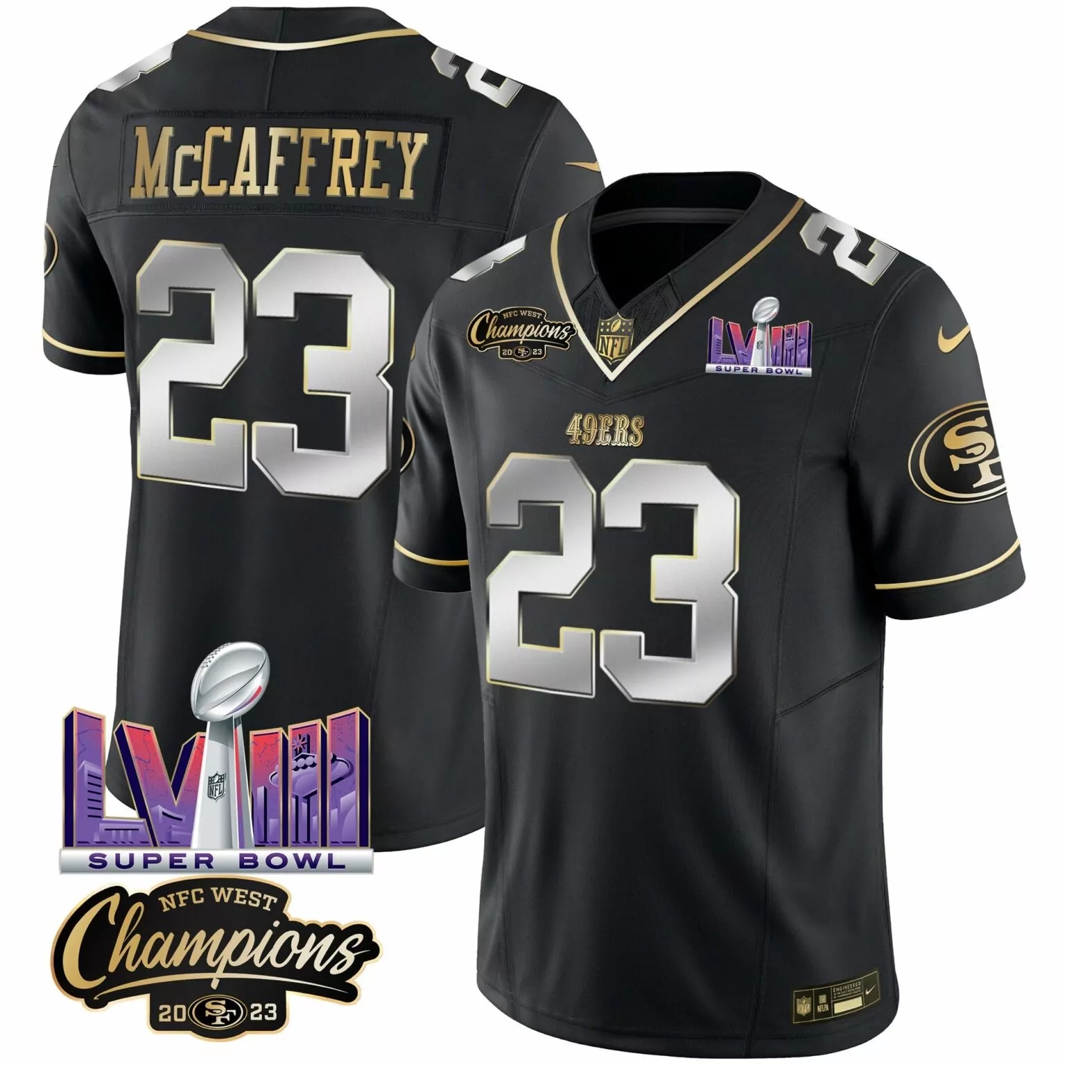 Christian Mccaffrey 23 49ERS Jersey Black Super Bowl Lviii Champions NFC West 2023