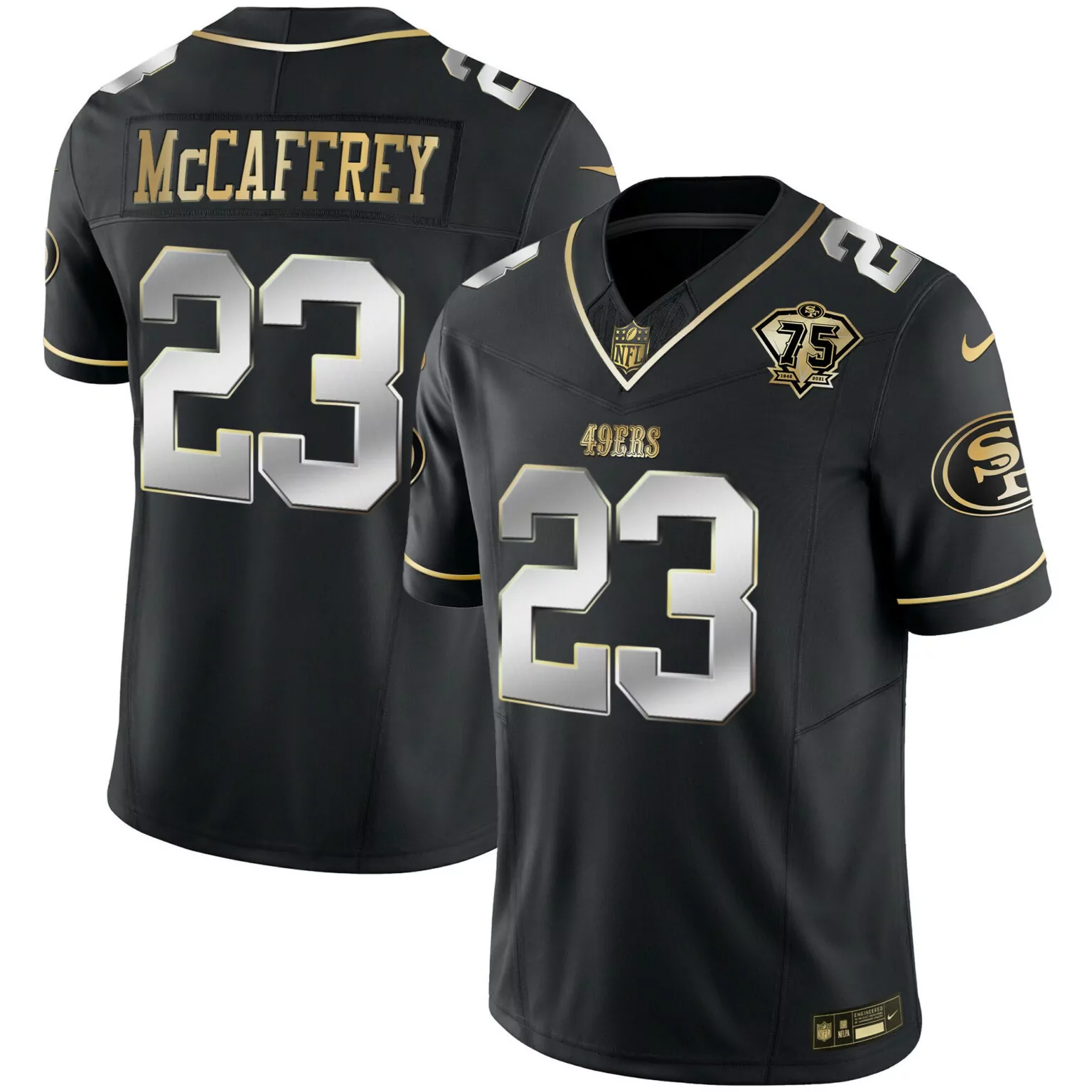 Christian Mccaffrey 23 49ERS Jersey Black 75th Anniversary Men Replica Gold Silver