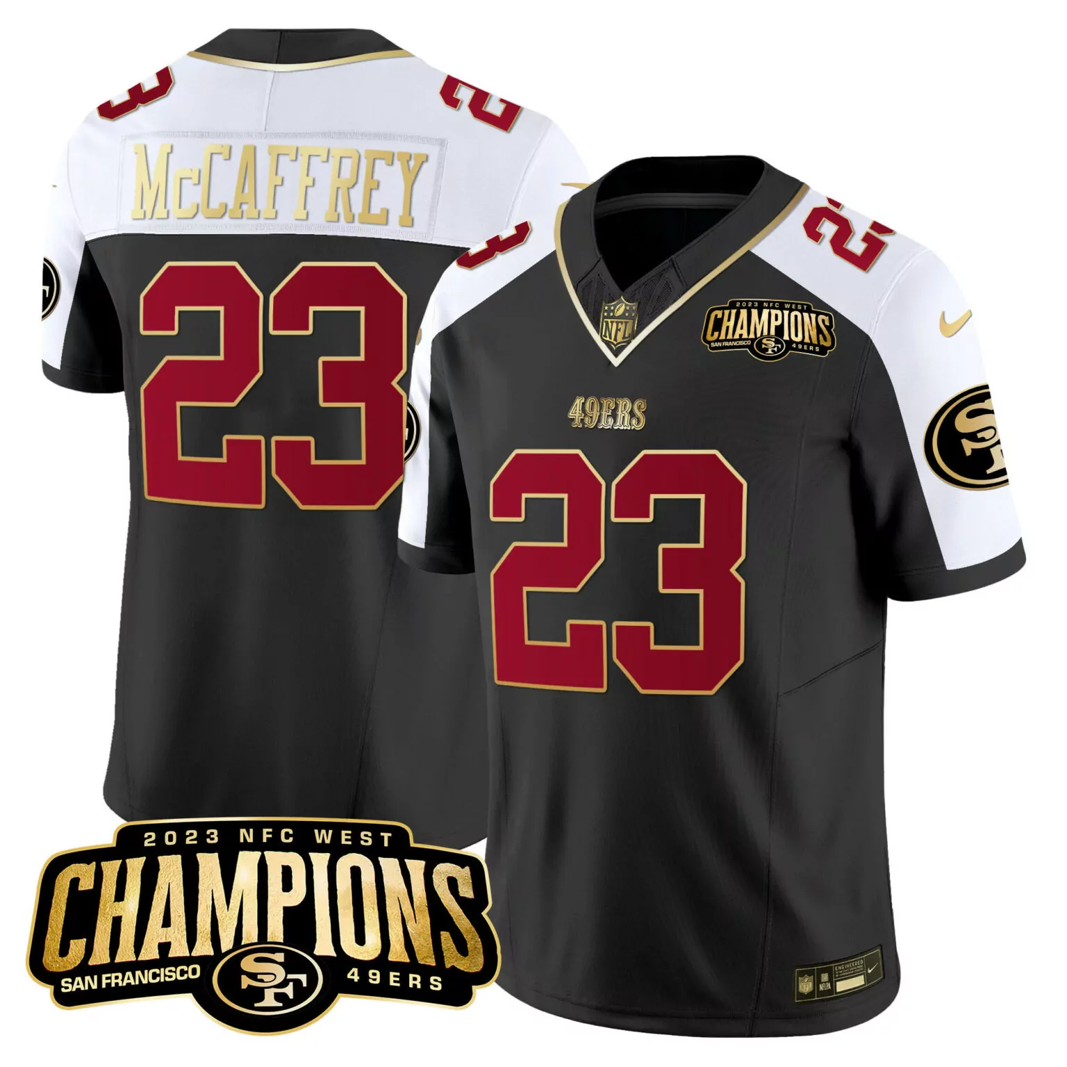 Christian Mccaffrey 23 Jersey Black San Francisco 49ers 2023 NFC West Champions Men