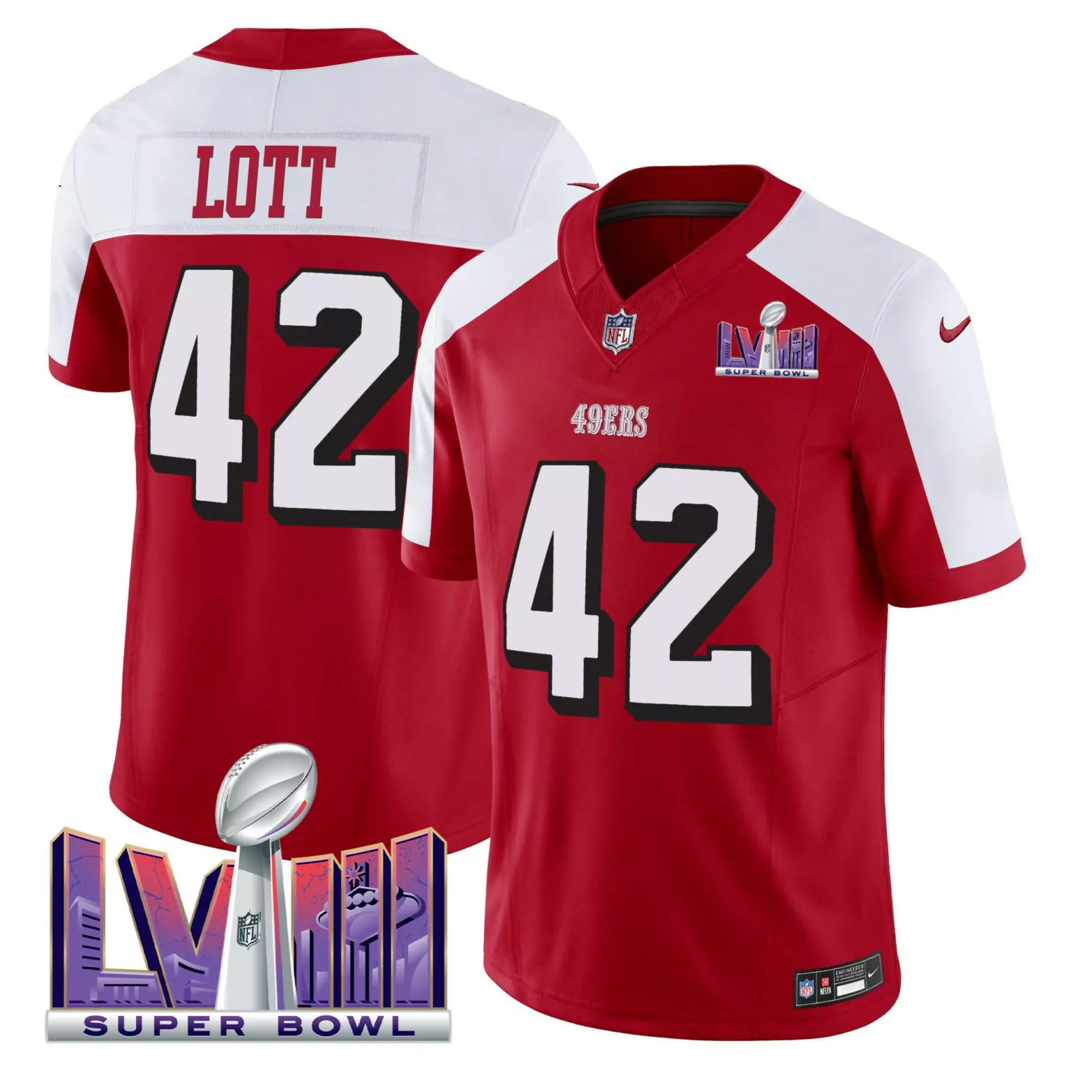 Ronnie Lott 42 Jersey Red San Francisco 49ers Super Bowl Lviii Men NFL White Alternate