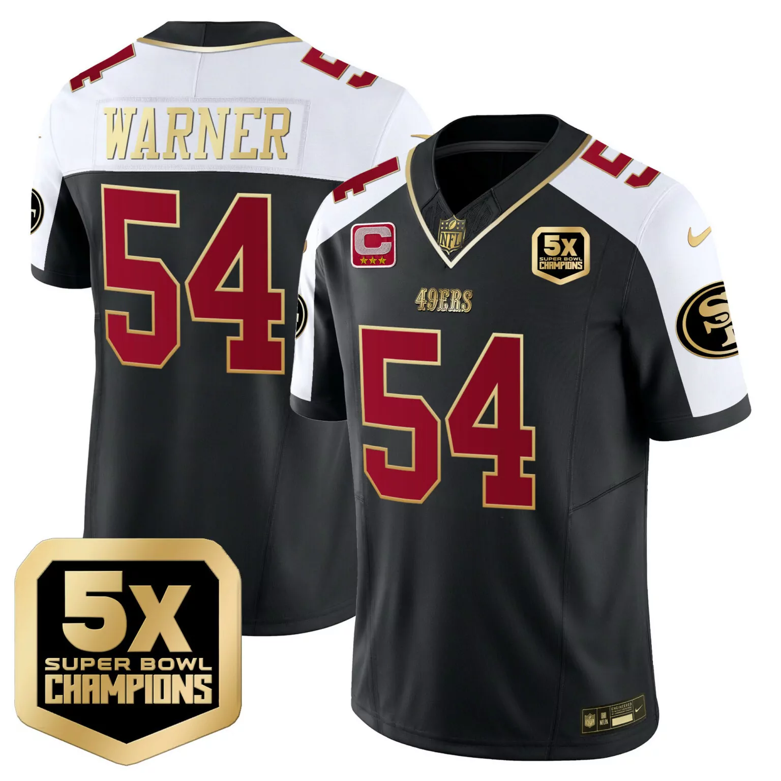 Fred Warner 54 49ERS Jersey Black 5x Super Bowl Champions San Francisco Captain Stars