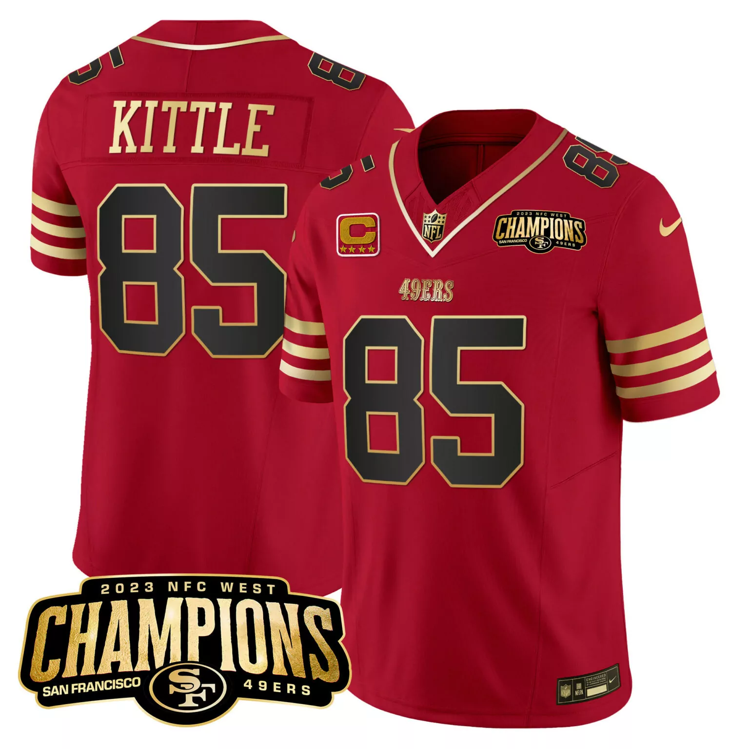 George Kittle 85 Jersey Red 2023 NFC West Champions San Francisco 49ers Men NFL Gold
