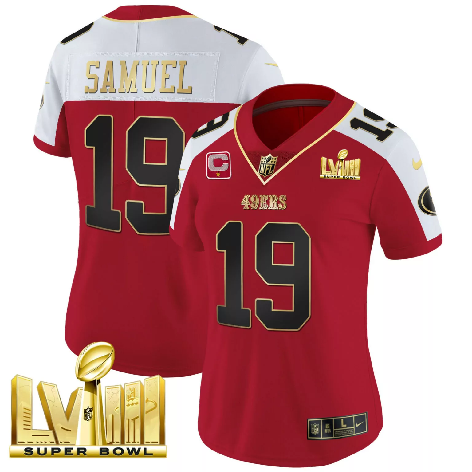 Deebo Samuel 19 49ERS Jersey Red Super Bowl Lviii Men Split Design White Black Gold