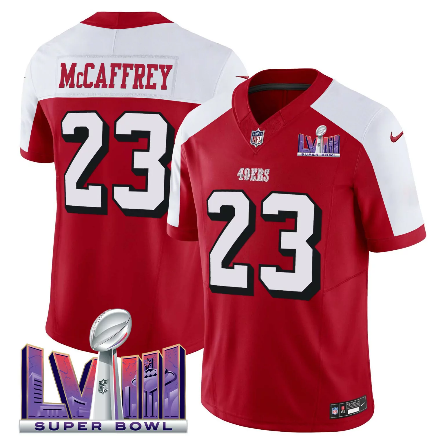 Christian Mccaffrey 23 49ERS Jersey Red Super Bowl Lviii Men Game White Alternate