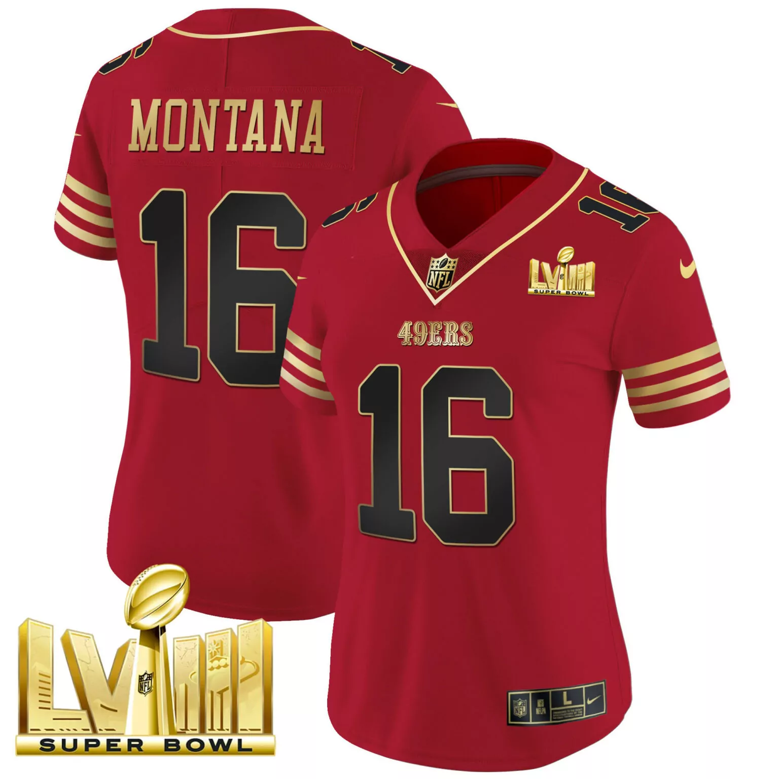 Joe Montana 16 49ERS Jersey Red Super Bowl Lviii Men Standard Gold All Stitched