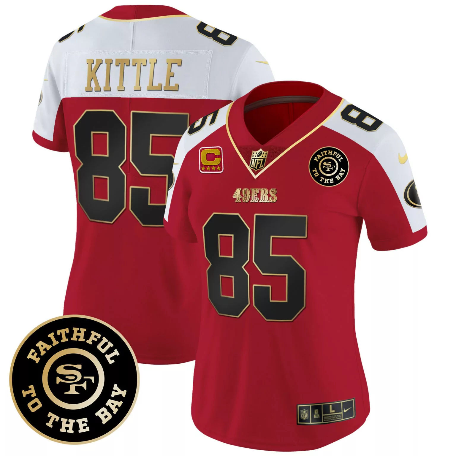 George Kittle 85 49ERS Jersey Red Faithful To The Bay 2023 Men Game White Black Gold