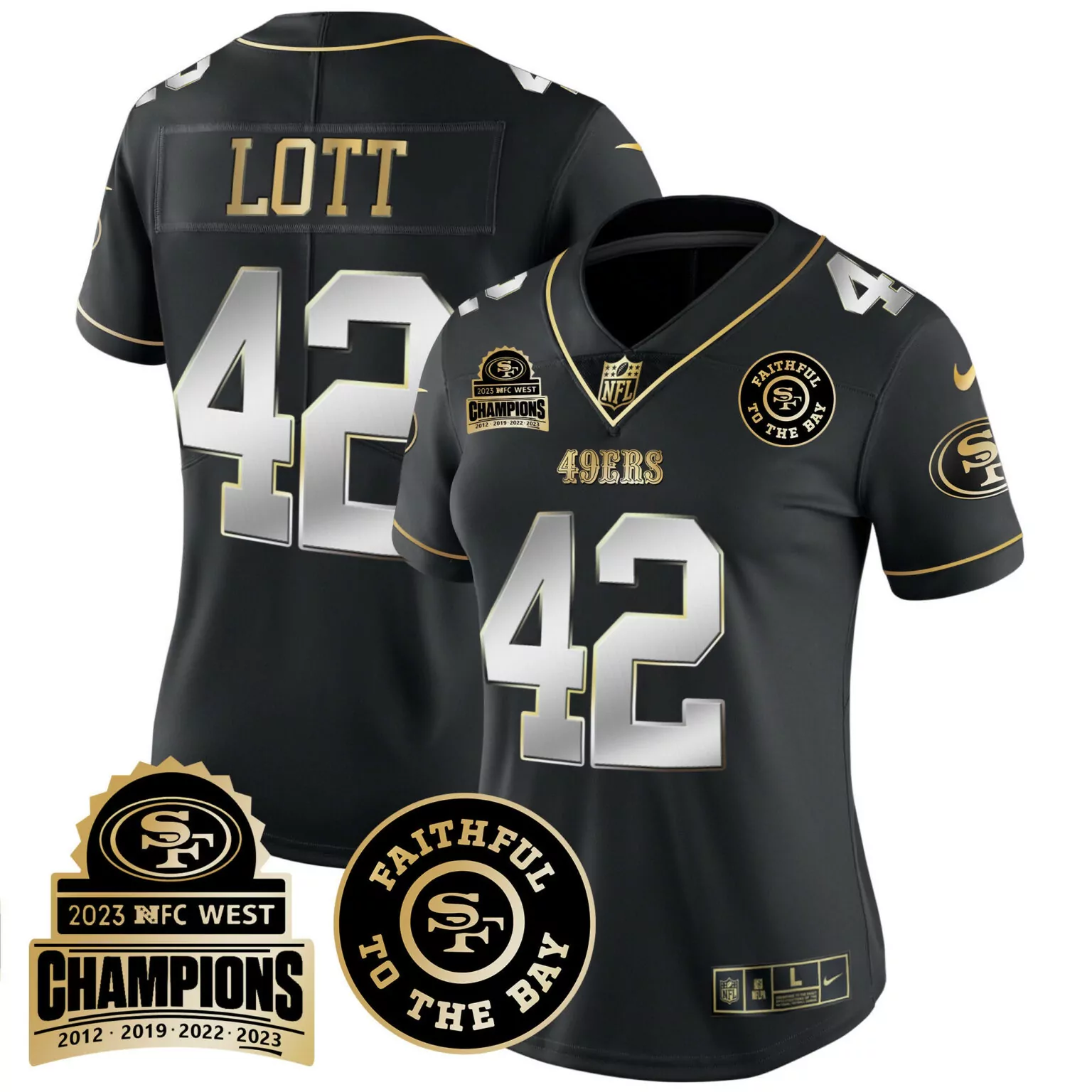 Ronnie Lott 42 49ERS Jersey Black Faithful To Bay Men Official Gold Silver v3 All