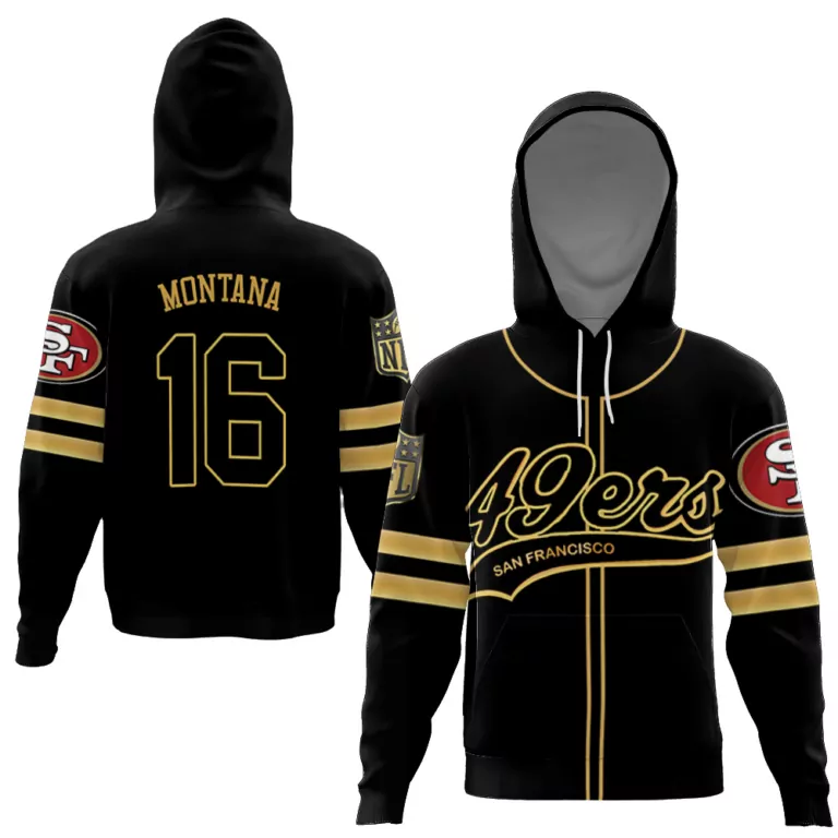 Joe Montana 16 Jersey Black San Francisco 49ers Men Hoodie Gold Cool Base Limited