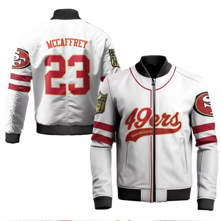 Christian Mccaffrey 23 Jersey White San Francisco 49ers Men Bomber Jacket Red Gold