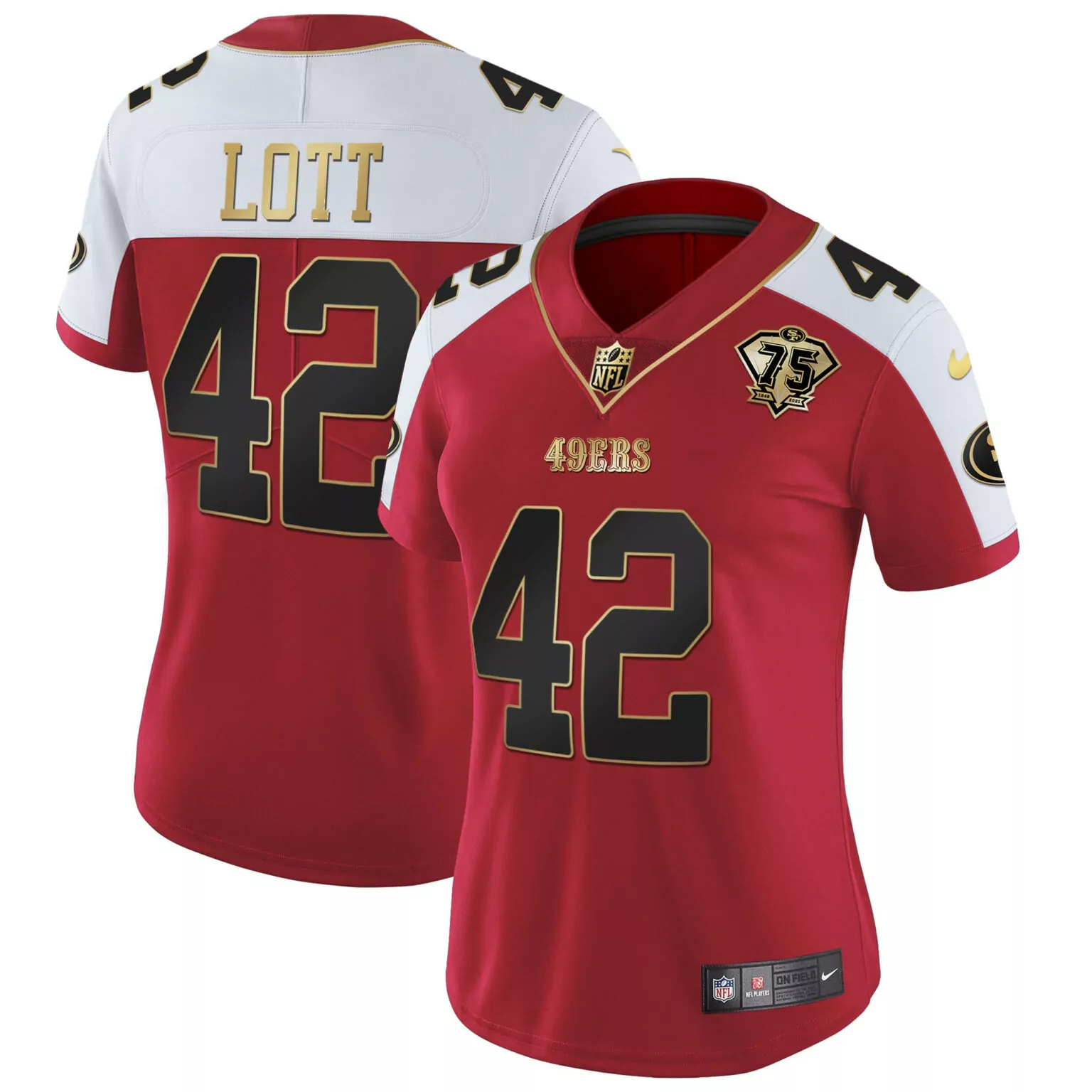Ronnie Lott 42 49ERS Jersey Red 75th Anniversary Women White Black Gold Alternate