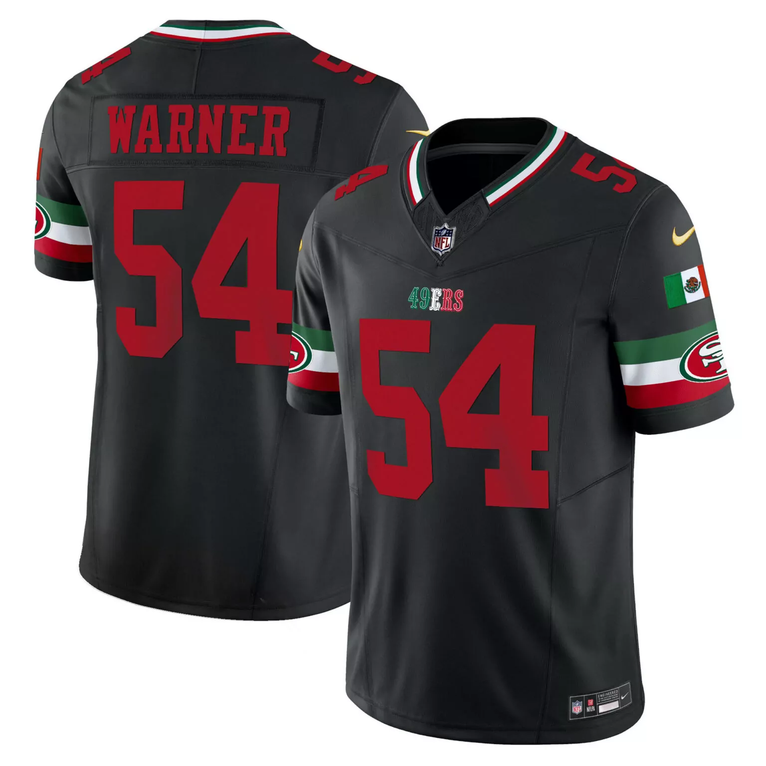 Fred Warner 54 49ERS Jersey Black Mexico City Series Mexican Flag 2023 Men Red White