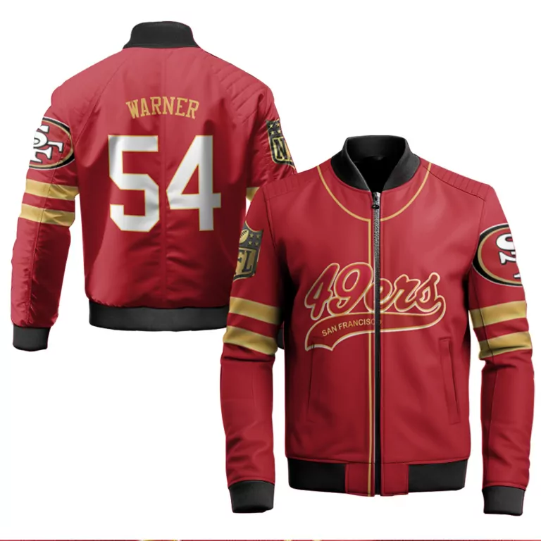 Fred Warner 54 Jersey Red San Francisco 49ers Men Bomber Jacket Split Design Gold