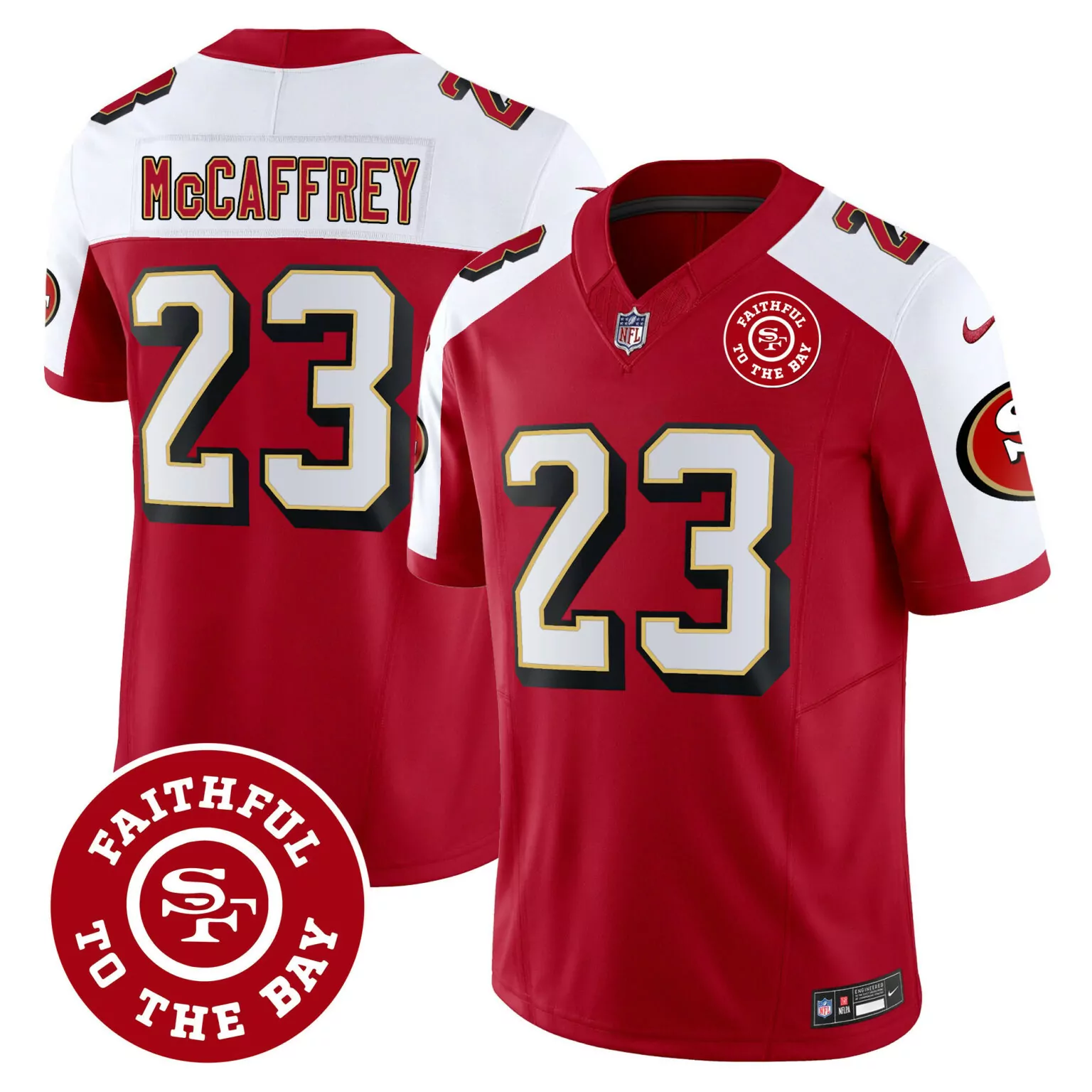 Christian Mccaffrey 23 49ers Jersey Red Faithful To The Bay Men White Gold Alternate