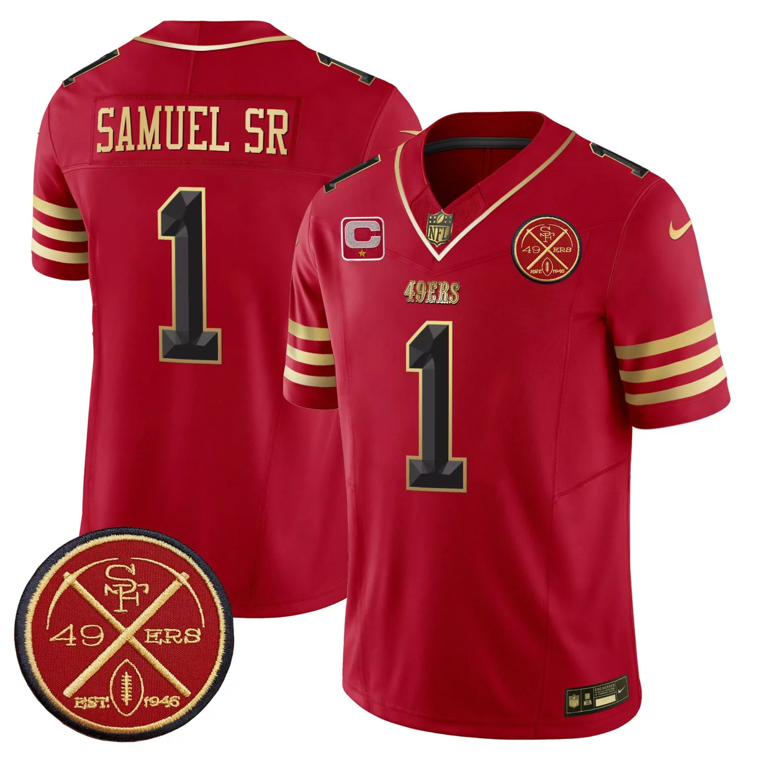 Deebo Samuel 1 49ERS Jersey Red 1946 Est. Men Player Gold Black v2 All Stitched
