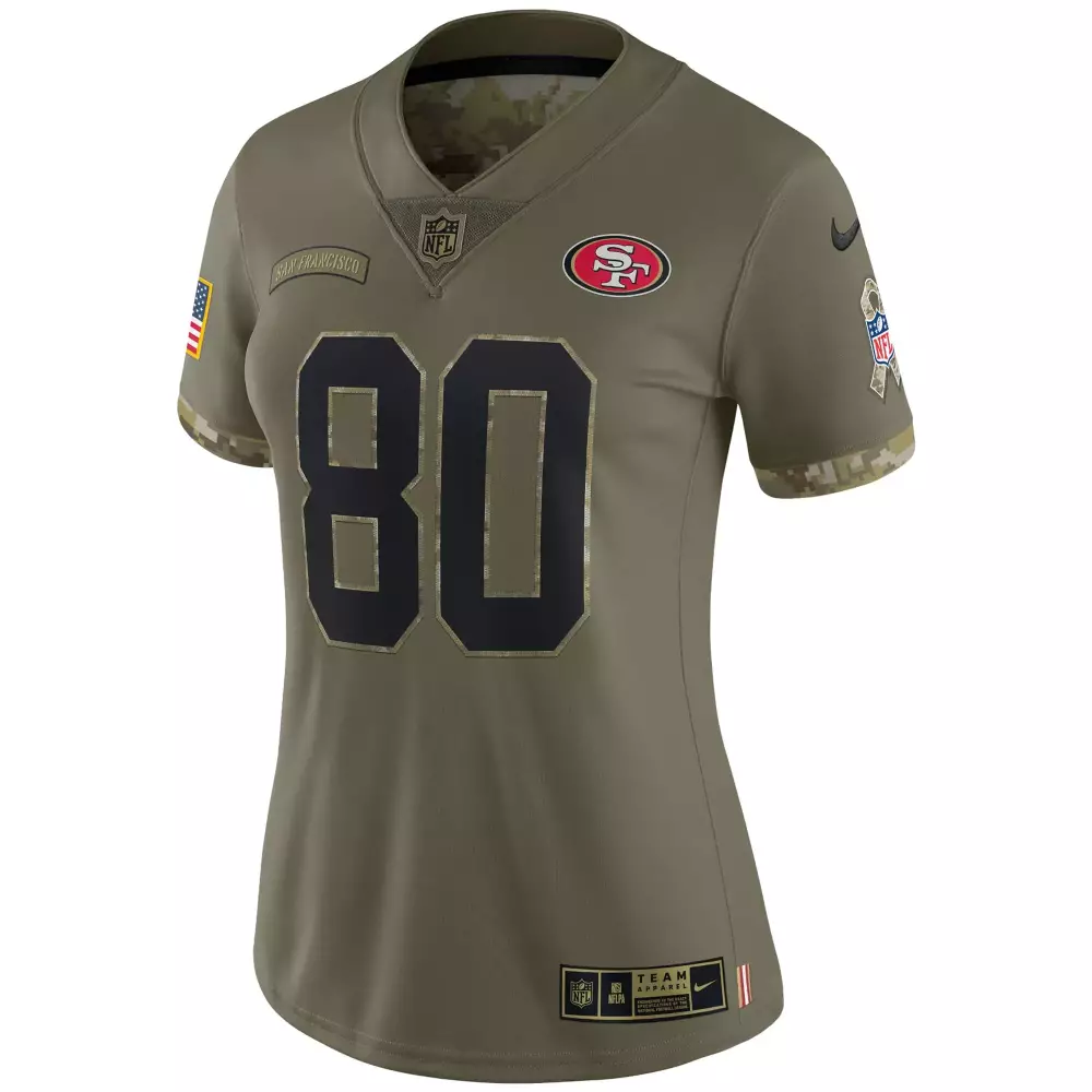 Custom San Francisco 49ers 80 Jersey Green Salute To Service USA Flag Women Alternate