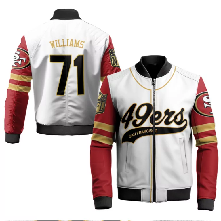 Williams 71 49ers Jersey White Men Bomber Jacket Split Design Red Gold Cool Base