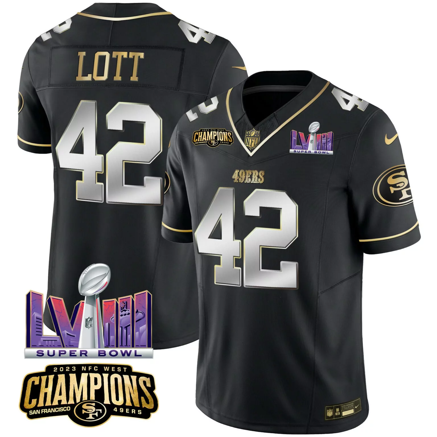 Ronnie Lott 42 49ERS Jersey Black Super Bowl Lviii 2023 NFC West Champions Men Player