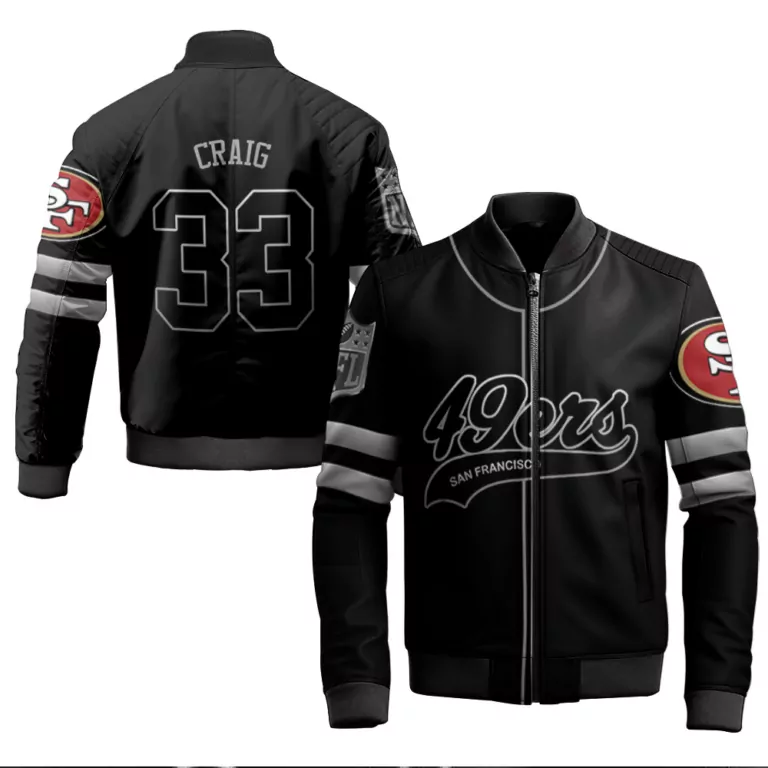 Craig 33 San Francisco 49ers Jersey Black Men Bomber Jacket White Silver Red Cool