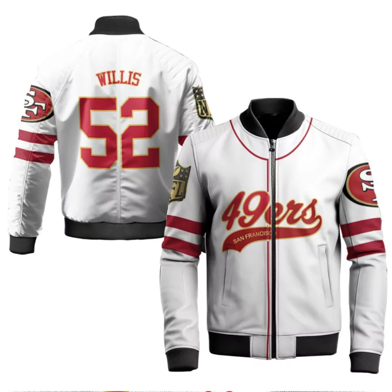 Patrick Willis 52 Jersey White San Francisco 49ers Men Bomber Jacket Red Gold Cool