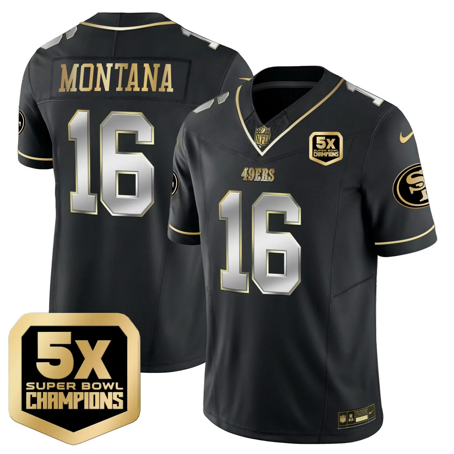 Joe Montana 16 49ERS Jersey Black 5X Super Bowl Champions Men Authentic Gold Silver