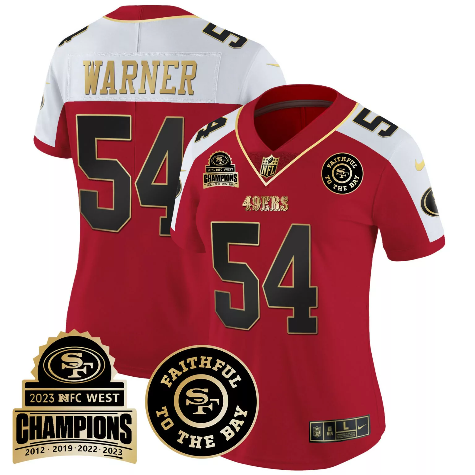 Fred Warner 54 49ERS Jersey Red Faithful To Bay Men White Gold Alternate v3 All Stitched