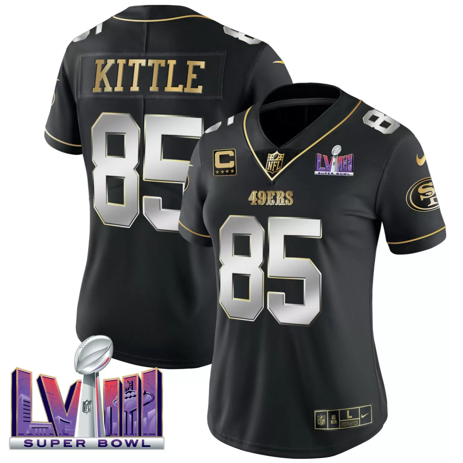 George Kittle 85 49ERS Jersey Black Super Bowl Lviii 2023 Men Authentic Gold Silver