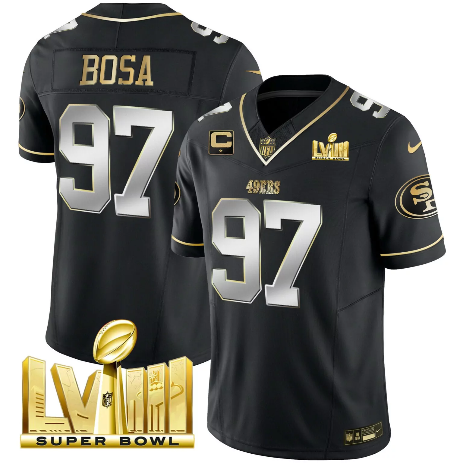 Nick Bosa 97 49ERS Jersey Black Super Bowl Lviii Men Gold Silver All Stitched