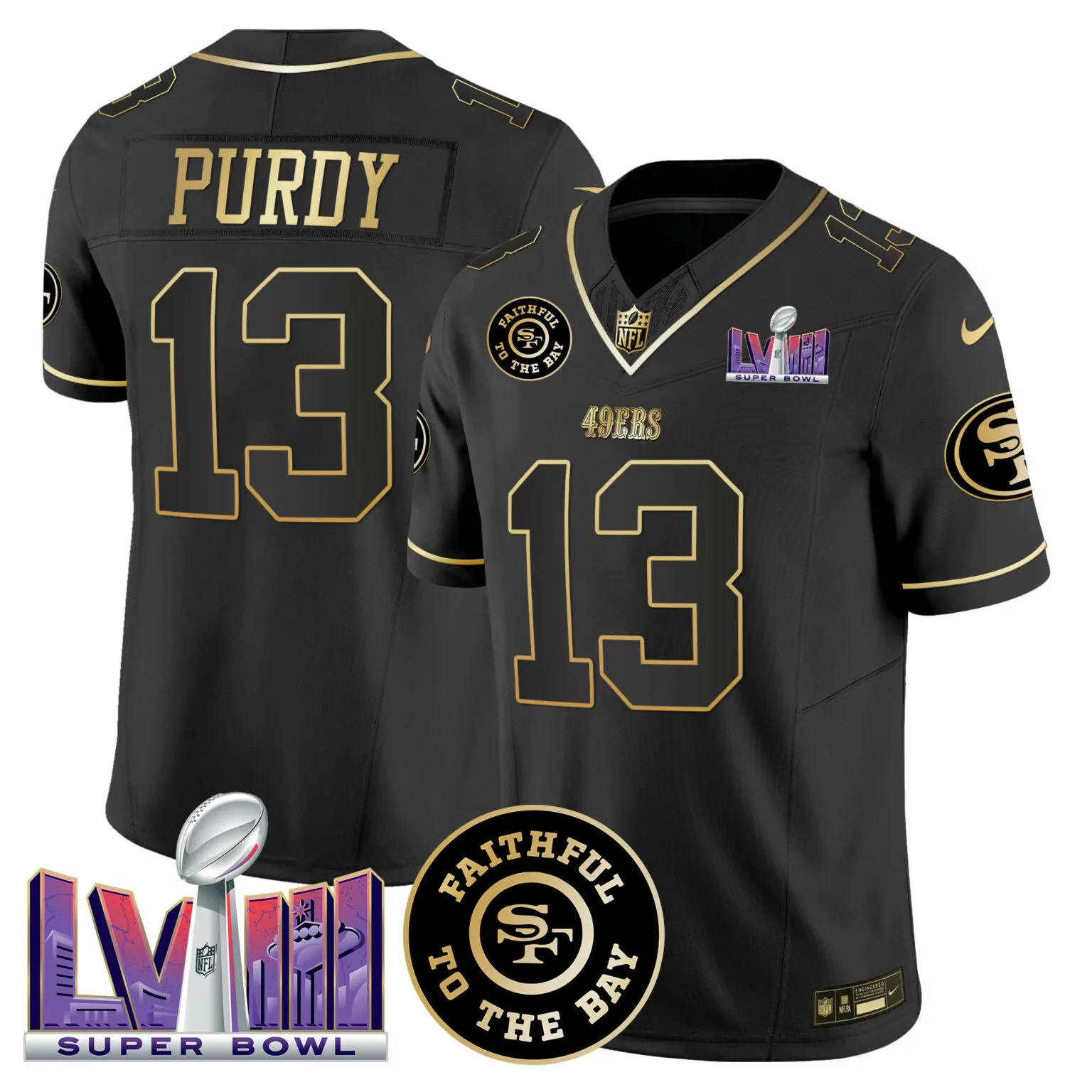 Brock Purdy 13 49ERS Jersey Black Super Bowl Lviii Men Gold v2 All Stitched