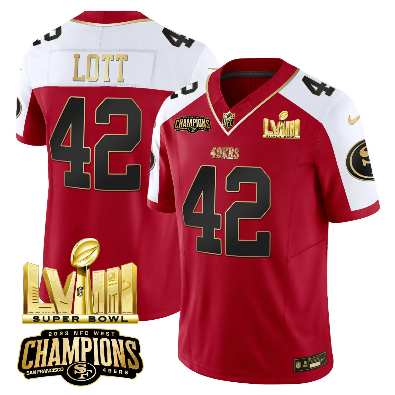 Ronnie Lott 42 49ERS Jersey Red Super Bowl Lviii 2023 AFC West Champions Men White