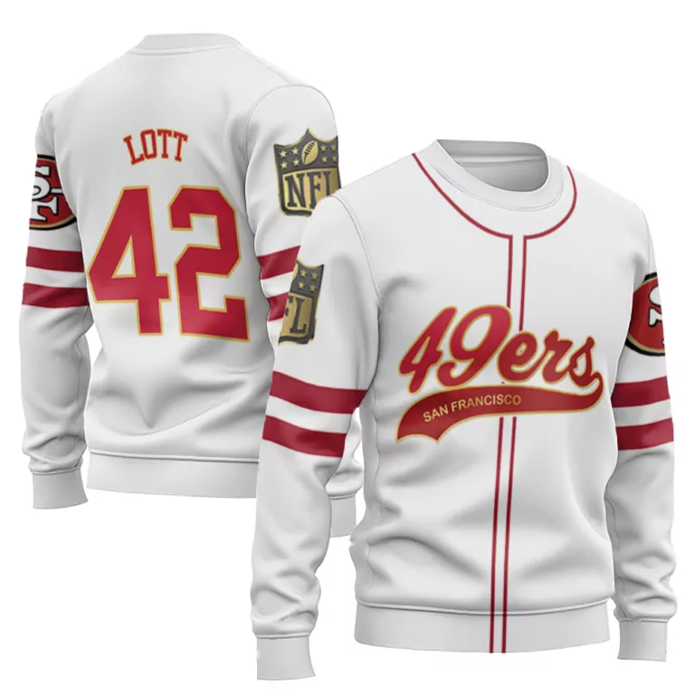 Ronnie Lott 42 Jersey White San Francisco 49ers Men Crewneck Sweatshirt Red Gold