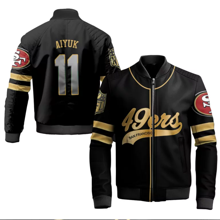 Brandon Aiyuk 11 Jersey Black San Francisco 49ers Men Bomber Jacket Gold Cool Base