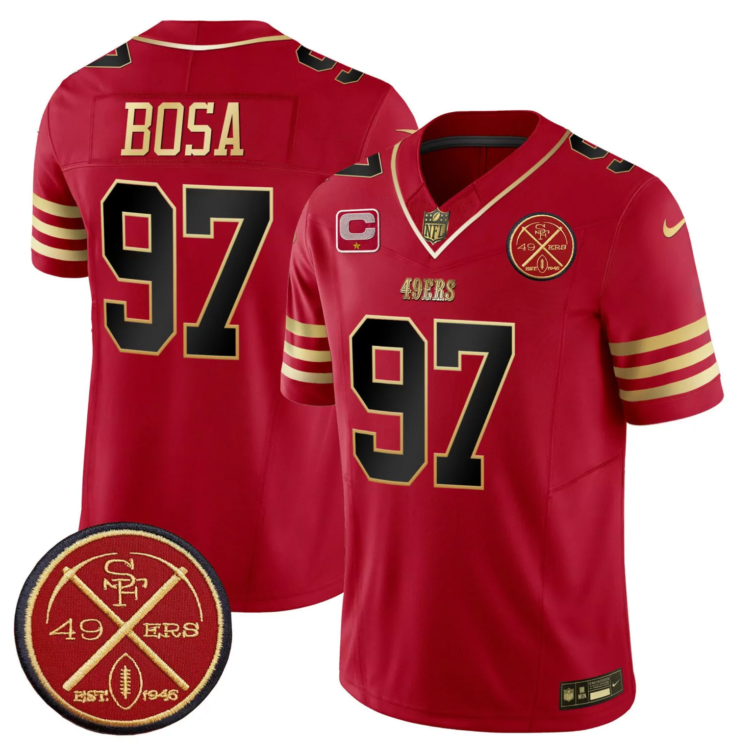 Nick Bosa 97 49ERS Jersey Red SF 75th Anniversary 1946 Men NFL Gold Black All Stitched