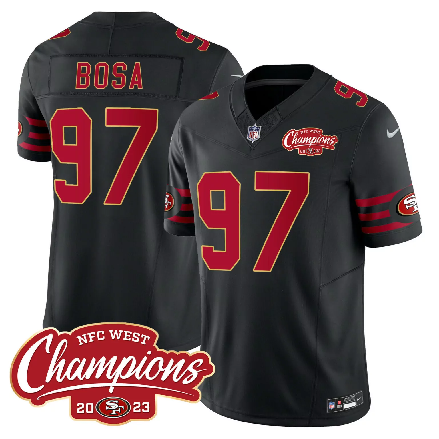 Nick Bosa 97 San Francisco 49ers Jersey Black NFC West Champions 2023 Men Red Gold