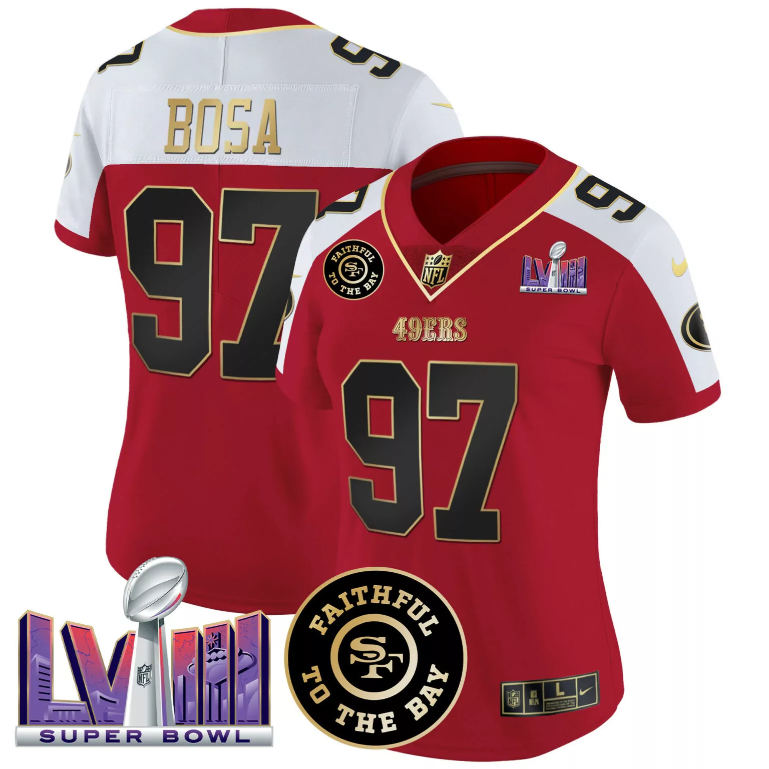 Nick Bosa 97 49ERS Jersey Red Super Bowl Lv Men Replica White Black Gold Alternate
