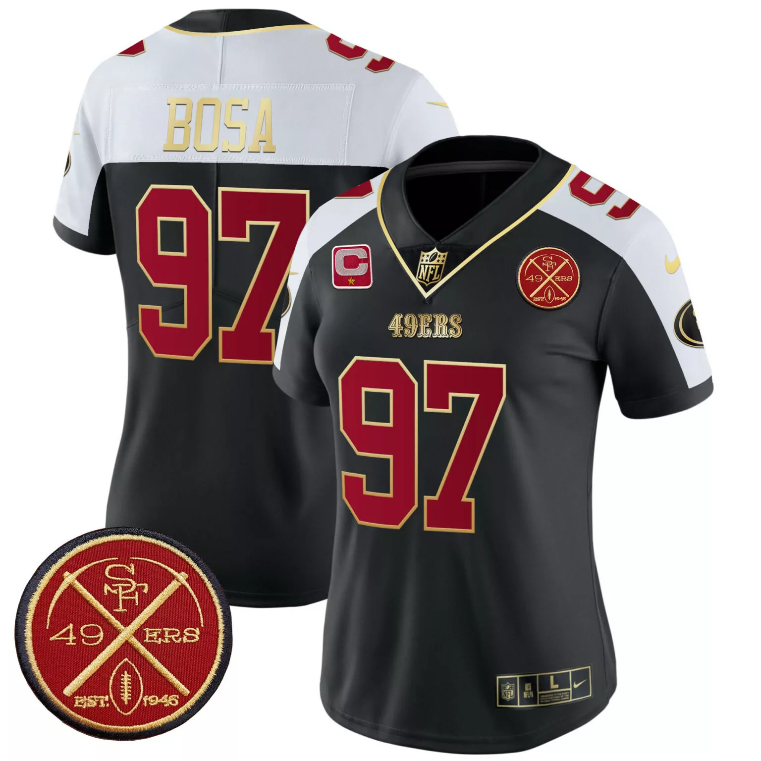 Nick Bosa 97 49ERS Jersey Black 1946 Men NFL Alternate Split Design White Red Gold
