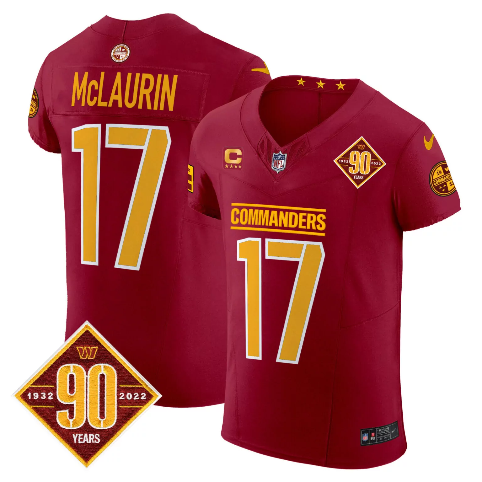 Terry Mclaurin 17 Commanders Jersey Maroon 90th Anniversary Men Gold All Stitched