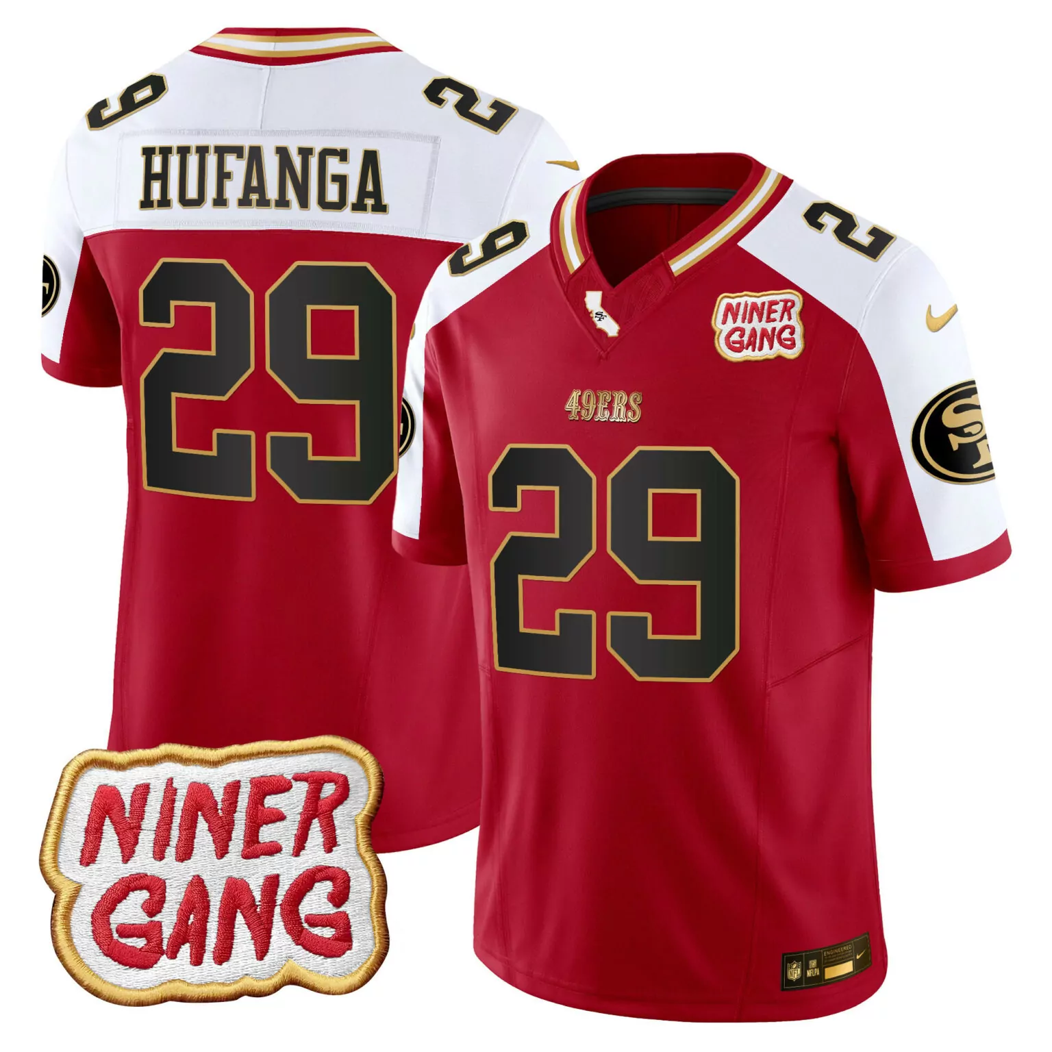 Talanoa Hufanga 29 49ERS Jersey Red Niner Gang 2023 Men Replica White Gold Alternate