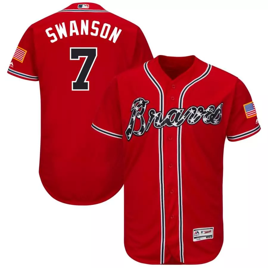 Dansby Swanson 7 Atlanta Braves Jersey Red Men Button-up White Navy Alternate Collection