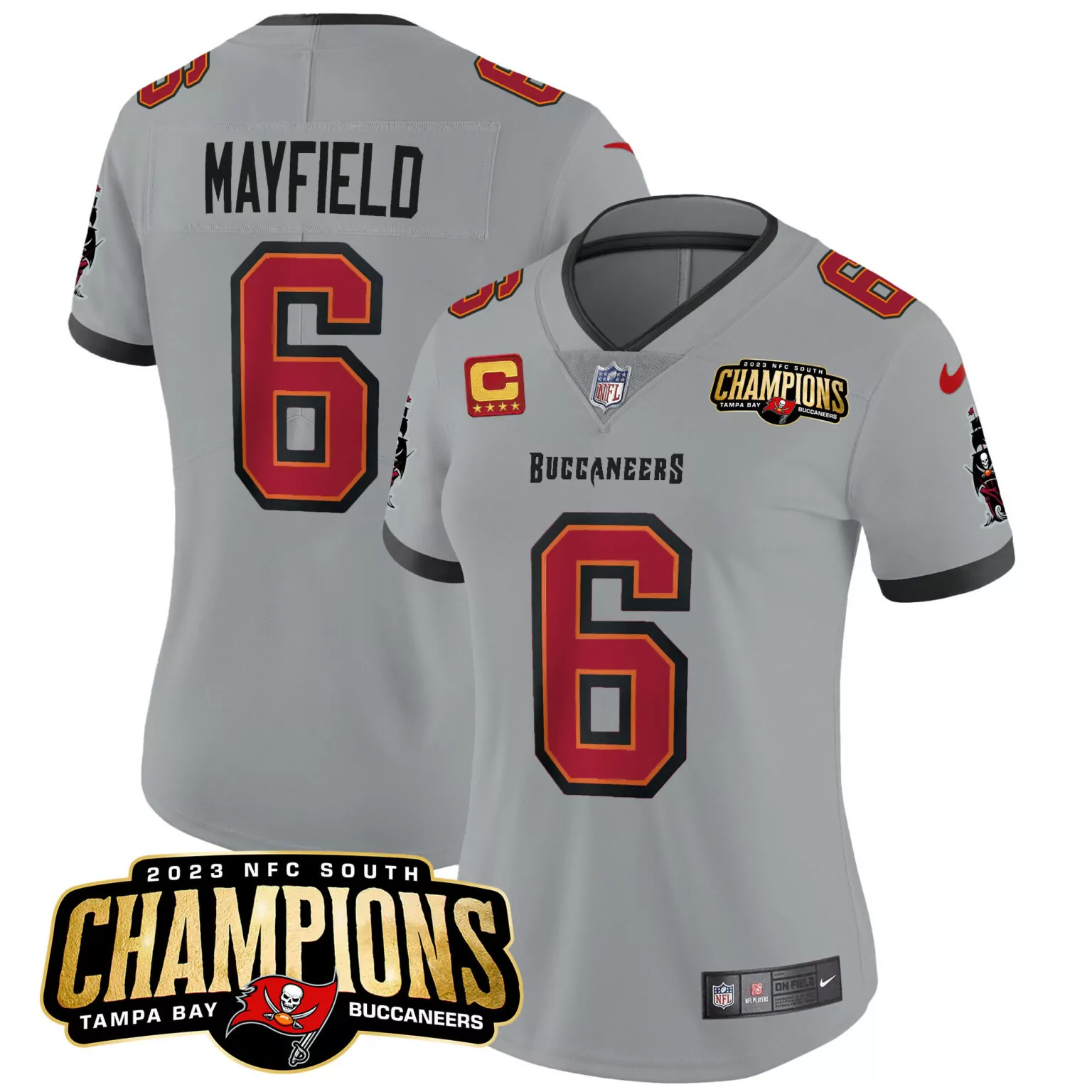 Baker Mayfield 6 Buccaneers Jersey Gray 2023 NFC South Champions Men NFL Red Black