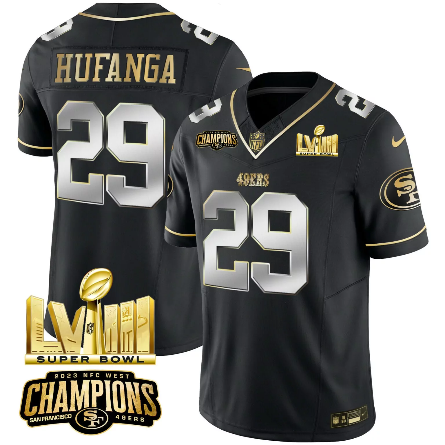Talanoa Hufanga 29 49ERS Jersey Black Super Bowl Lviii 2023 NFC West Champions Men