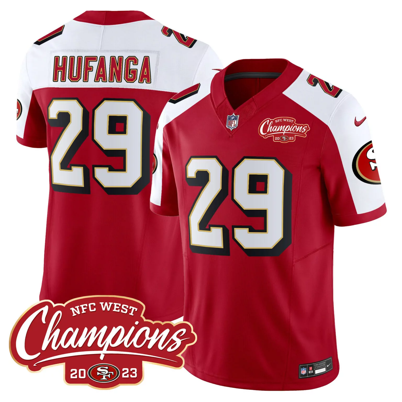 Talanoa Hufanga 29 49ers Jersey Red NFC West Champions 2022-23 2023 Men Standard