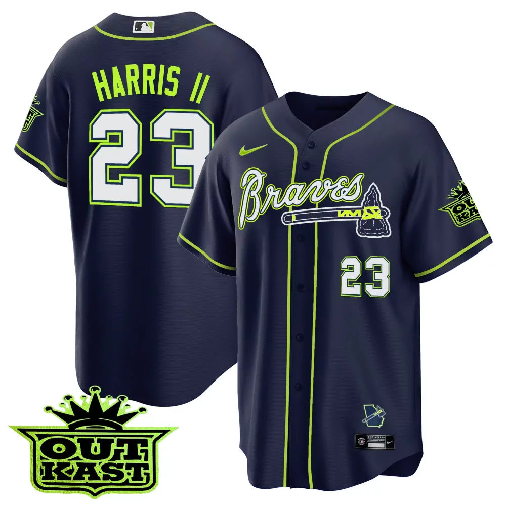 Harris Ii 23 Atlanta Braves Jersey Navy Outkast Men Neon Green White Cool Base v2